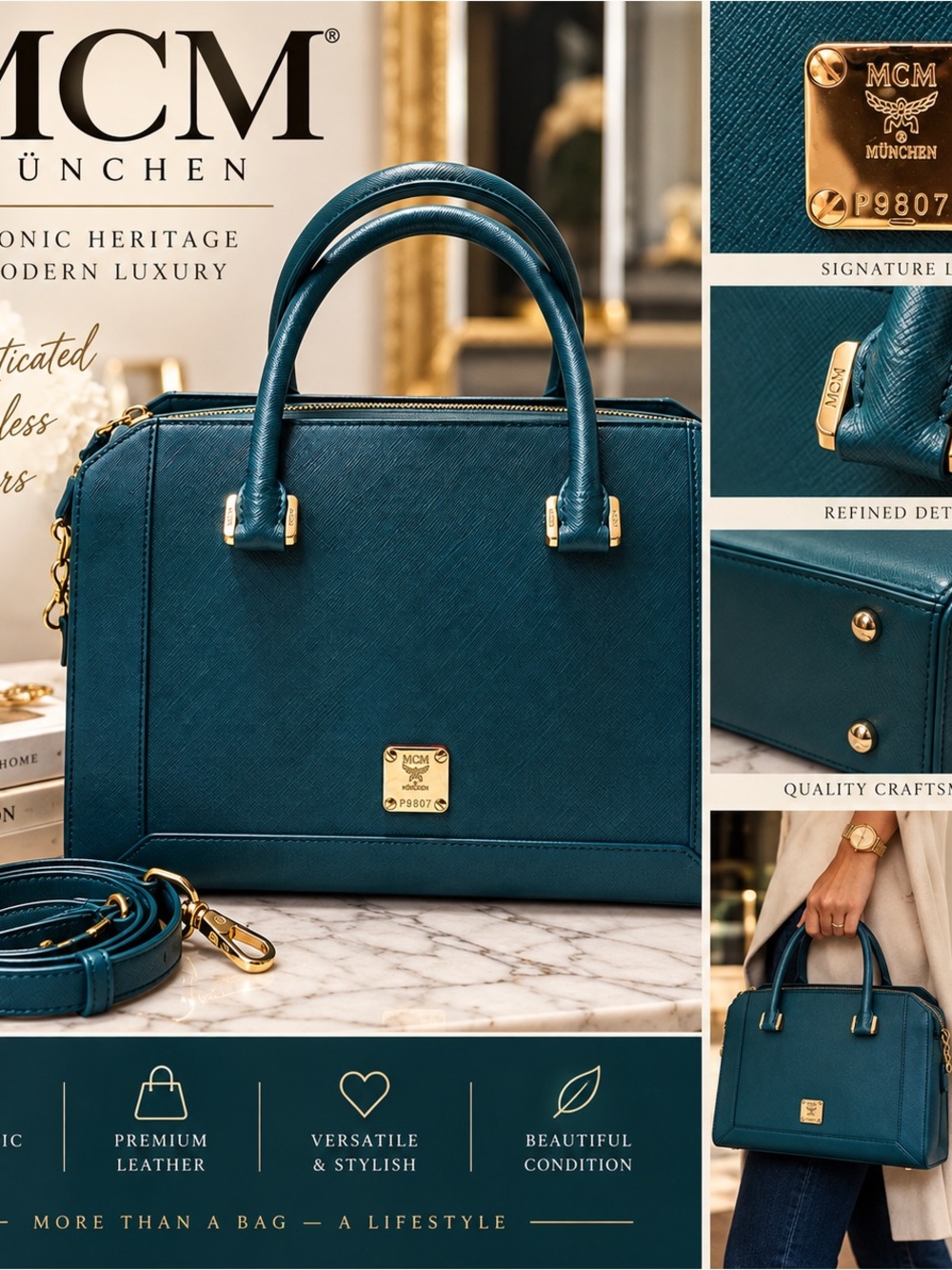 Authentic MCM Saffiano Nuovo Deep Teal Leather 2-Way Satchel Crossbody